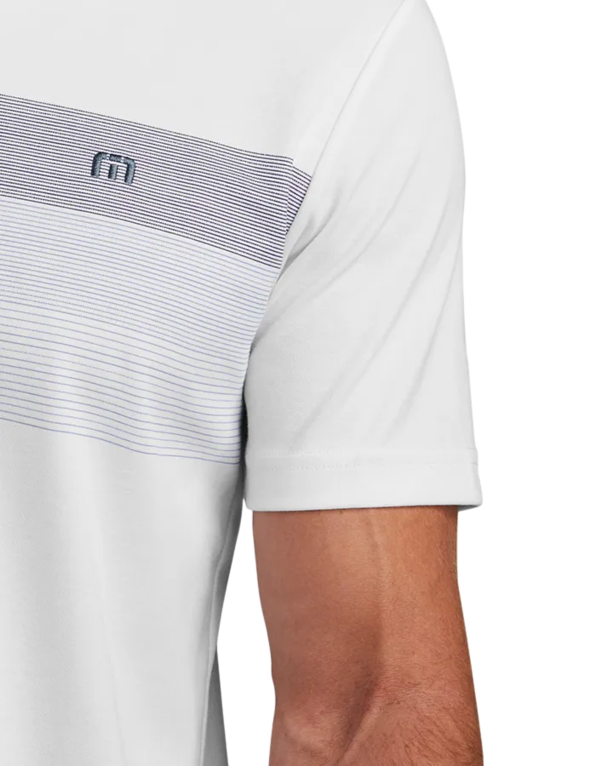 Closeup of a TM1MY402 TravisMathew Coastal Chest Stripe Polo