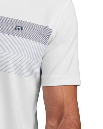 Closeup of a TM1MY402 TravisMathew Coastal Chest Stripe Polo