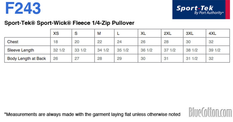 Size chart for a F243 Sport-Tek Sport-Wick Fleece 1/4-Zip Pullover