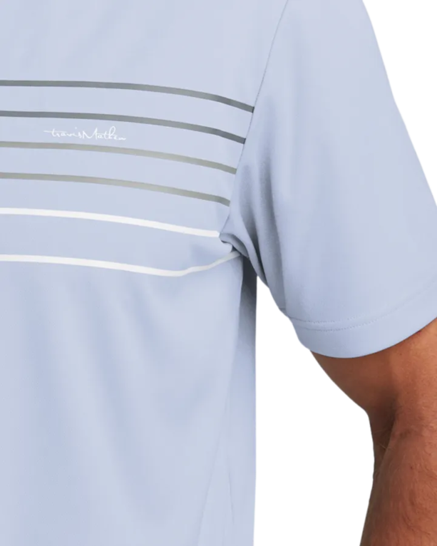 Closeup of a TM1MY400 TravisMathew Coto Performance Chest Stripe Polo