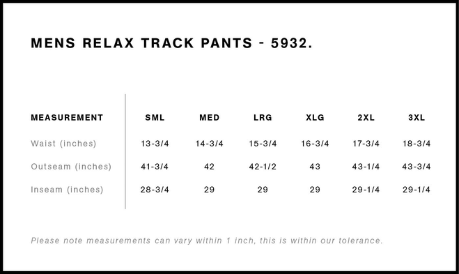 Size chart for a 5932 AS Colour Relax Track Pants