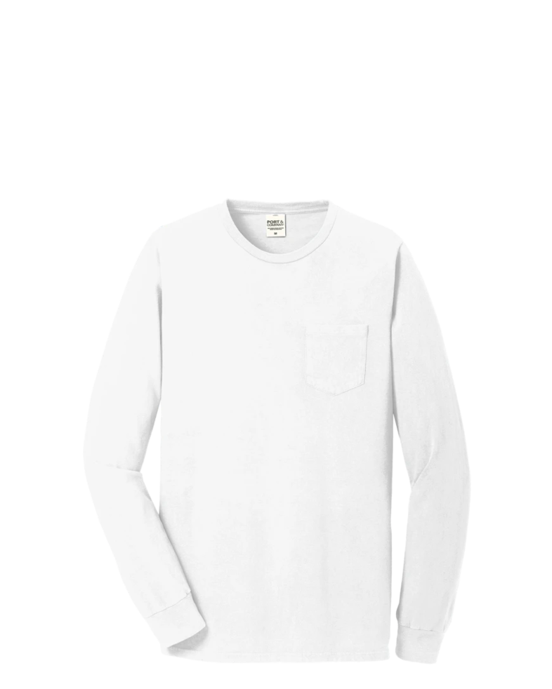 Image of a model wearing a PC099LSP Port & Company Pigment Dyed Long Sleeve Pocket Tee