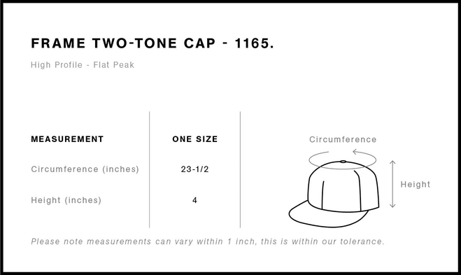 Size chart for a 1165 AS Colour Frame Two-Tone Cap
