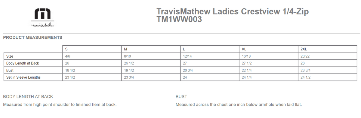 Size chart for a TM1WW003 TravisMathew Ladies Crestview 1/4-Zip