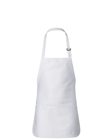 Model wearing a Q4250 Q-Tees Medium-Length Apron with Pouch Pocket