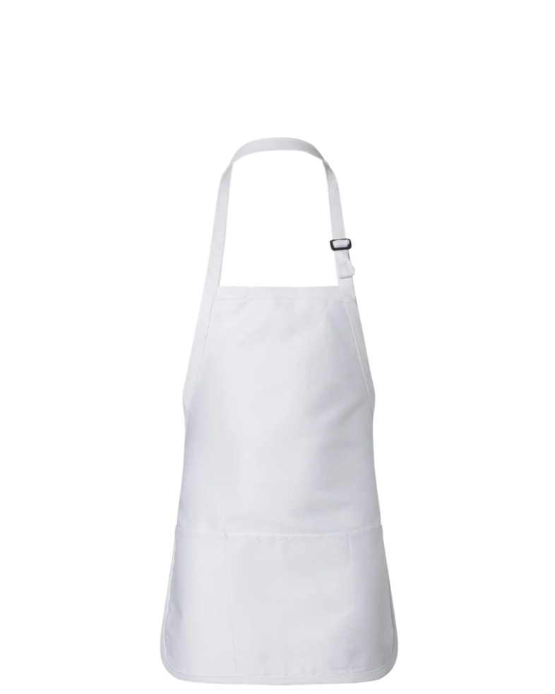 Image of a model wearing a Q4250 Q-Tees Medium-Length Apron with Pouch Pocket