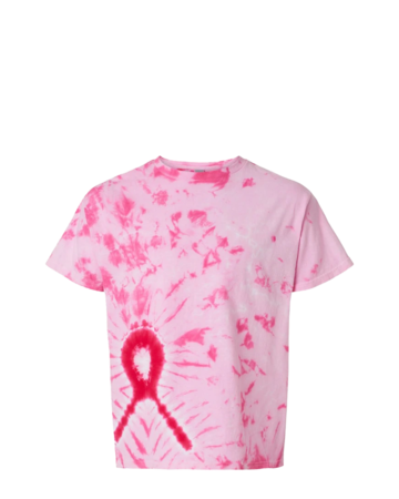 Model wearing a 200AR Tie-Dyed Awareness Ribbon Tee