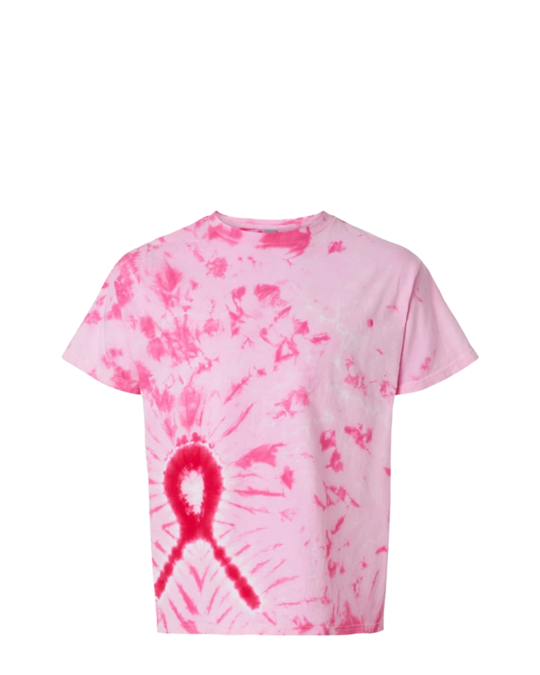 Image of a model wearing a 200AR Tie-Dyed Awareness Ribbon Tee