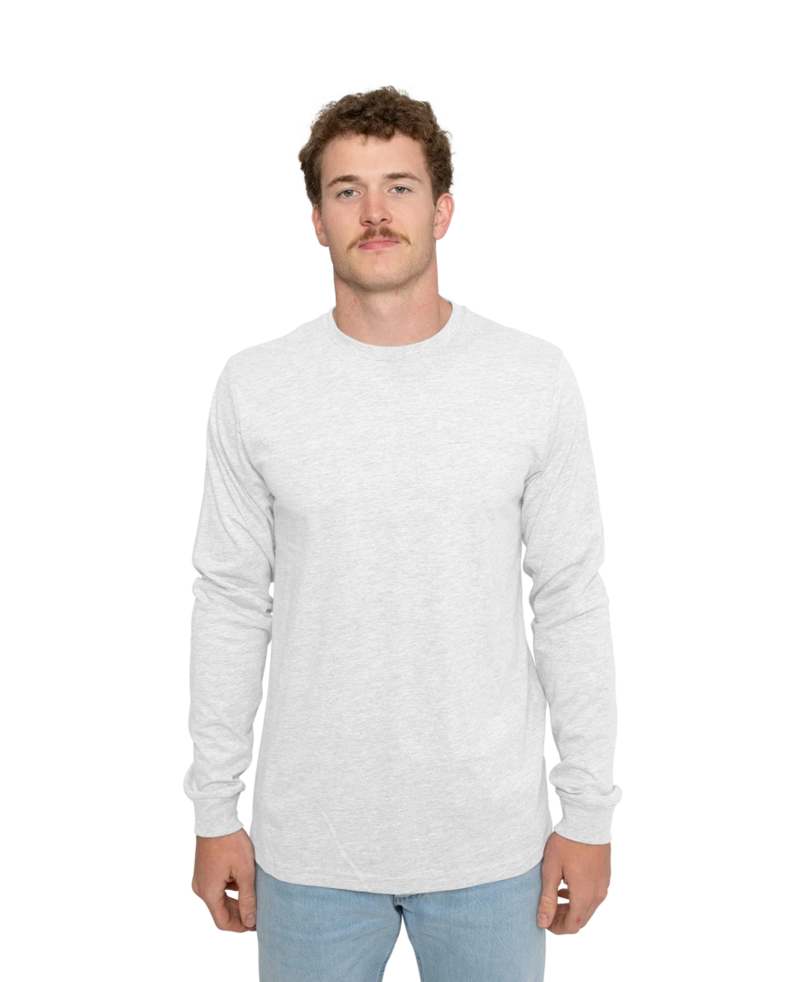 Image of a model wearing a 3501CVC Bella + Canvas Unisex Heather CVC Long Sleeve Tee