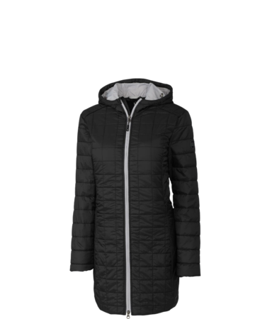 Model wearing a LCO00024 Cutter & Buck Rainier PrimaLoft® Womens Eco Insulated Hooded Long Coat