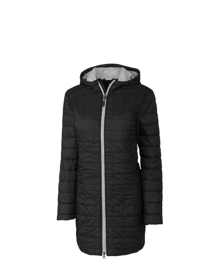 Image of a model wearing a LCO00024 Cutter & Buck Rainier PrimaLoft® Womens Eco Insulated Hooded Long Coat