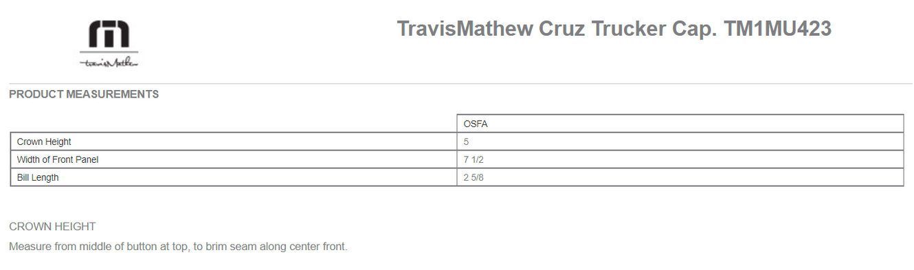 Size chart for a TM1MU423 TravisMathew Cruz Trucker Cap