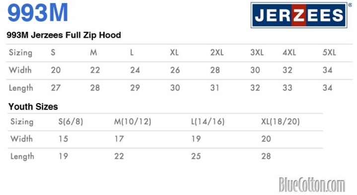 Size chart for a 993M Jerzees Full Zip Hood