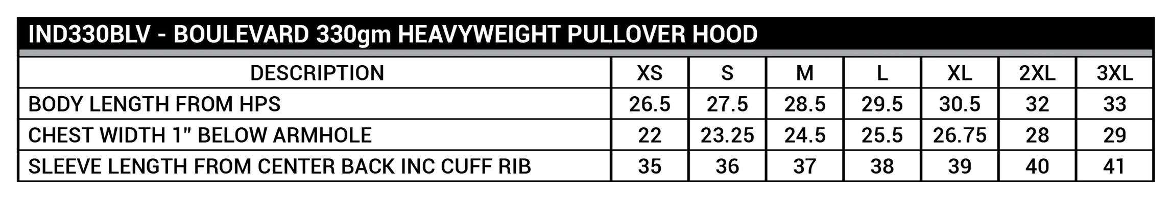 Size chart for a IND330BLV Unisex Boulevard Heavyweight Hooded Sweatshirt