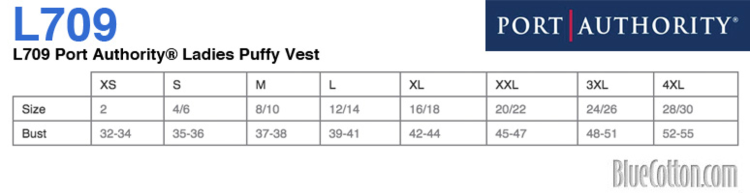 Size chart for a L709 Port Authority Ladies Puffy Vest