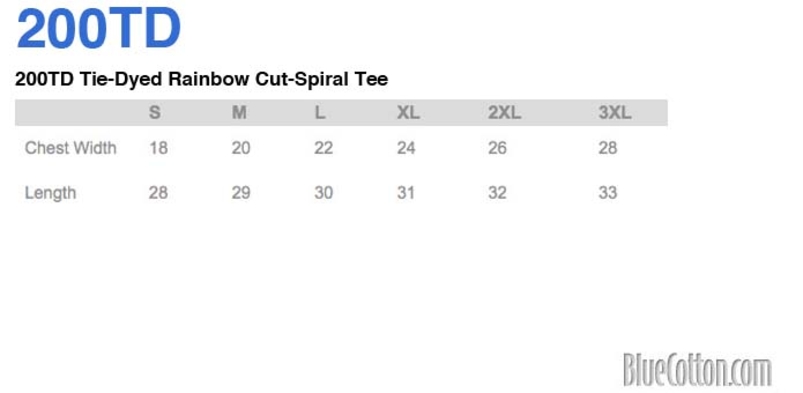 Size chart for a 200TD Tie-Dyed Rainbow Cut-Spiral Tee
