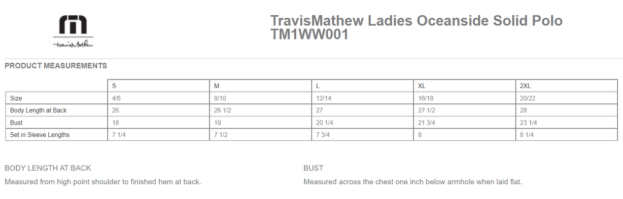 Size chart for a TM1WW001 TravisMathew Ladies Oceanside Solid Polo