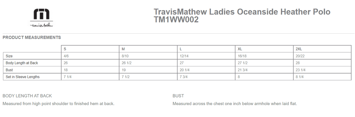 Size chart for a TM1WW002 TravisMathew Ladies Oceanside Heather Polo