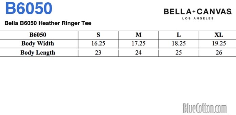 Size chart for a Bella B6050 Heather Ringer Tee