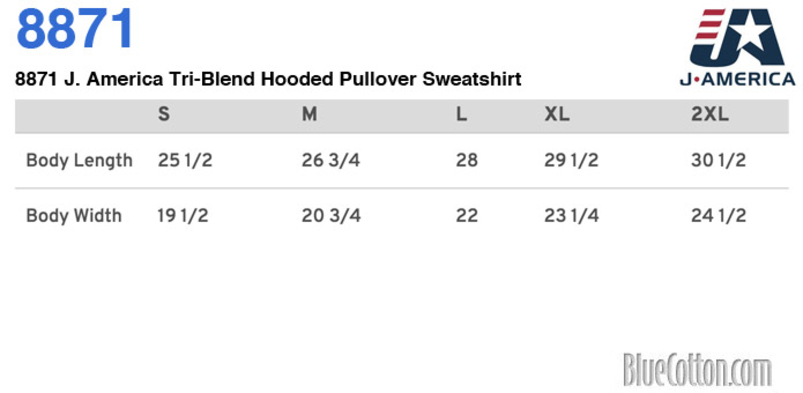 Size chart for a 8871 J. America Tri-Blend Hooded Pullover Sweatshirt