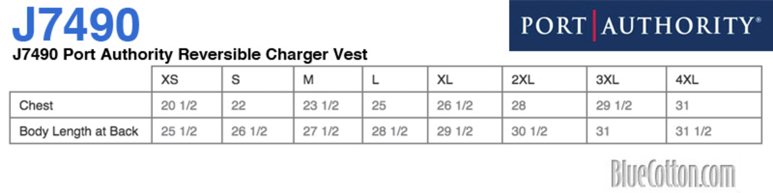 Size chart for a J7490 Port Authority Reversible Charger Vest