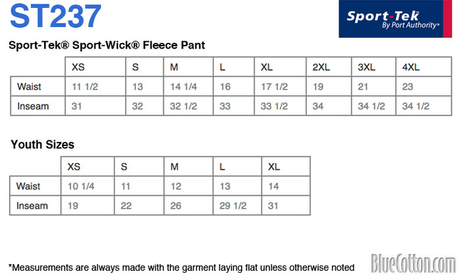 Size chart for a ST237 Sport-Tek Sport-Wick Fleece Pant