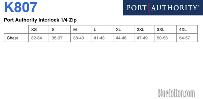 Size chart for a K807 Port Authority Interlock 1/4-Zip