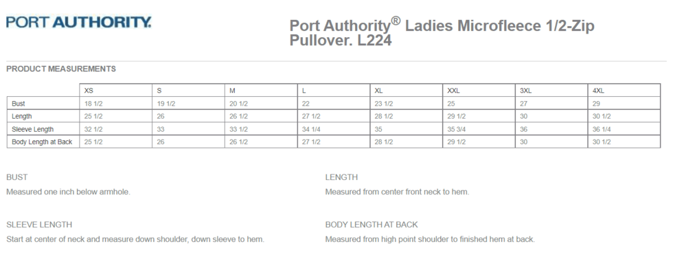 Size chart for a L224 Port Authority Ladies Microfleece 1/2-Zip Pullover