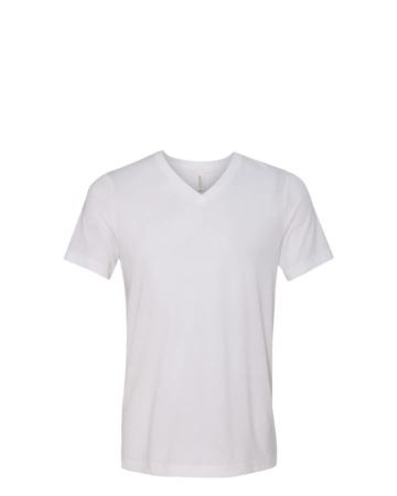 Model wearing a 3415C Bella + Canvas Unisex Tri-Blend Short-Sleeve V-Neck T-Shirt