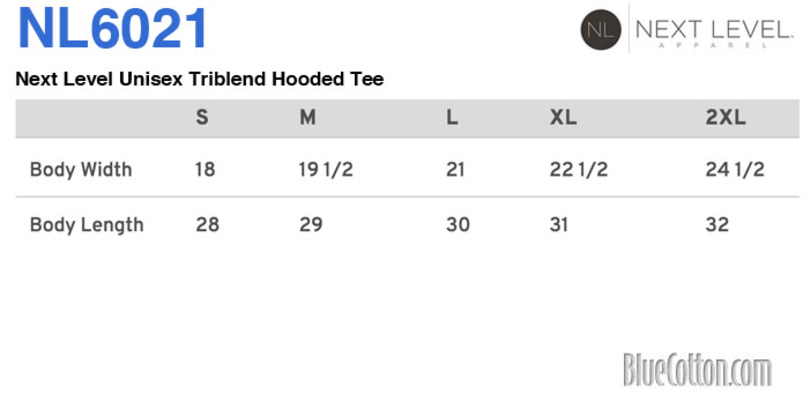 Size chart for a NL6021 Next Level Unisex Triblend Hooded Tee
