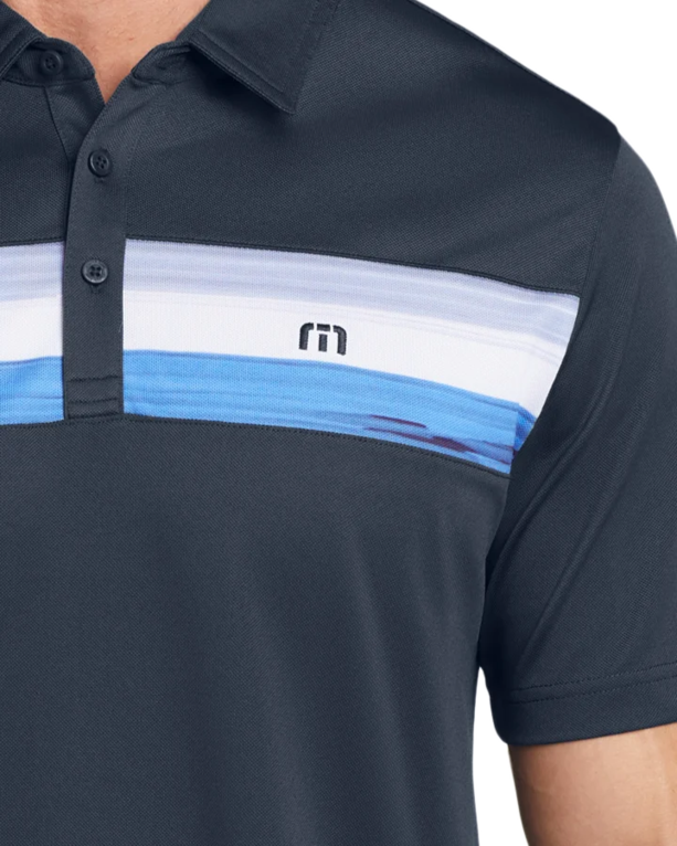 Closeup of a TM1MU416 TravisMathew Cabana Chest Stripe Polo