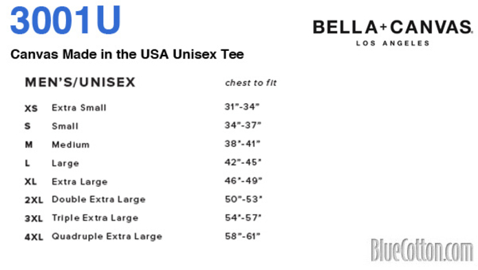 Size chart for a 3001U Bella + Canvas Made in the USA Unisex Tee