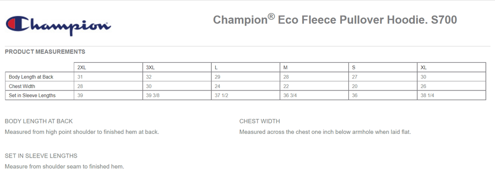 Size chart for a S700 Champion Eco Fleece Pullover Hoodie