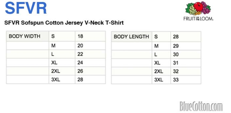 Size chart for a SFVR Sofspun Cotton Jersey V-Neck T-Shirt