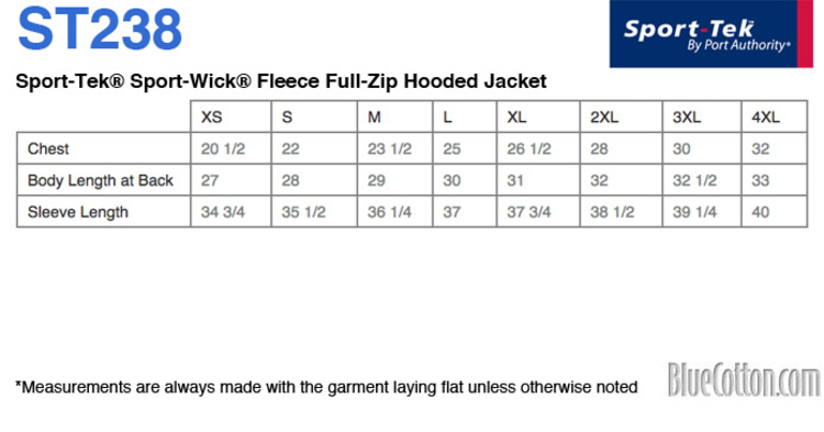 Size chart for a ST238 Sport-Tek Sport-Wick Fleece Full-Zip Hooded Jacket
