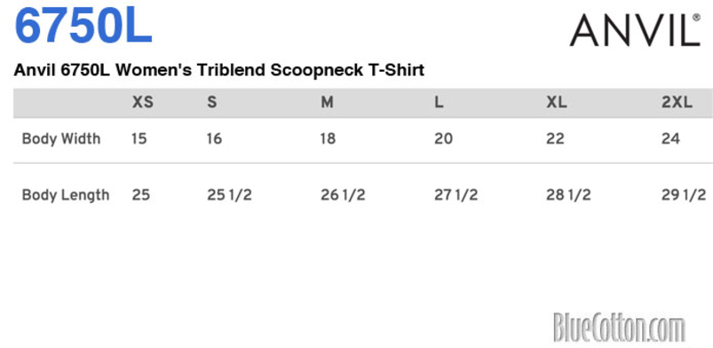 Size chart for a Gildan 6750L Women's Triblend Scoopneck T-Shirt