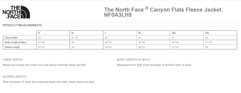 Size chart for a NF0A3LH9 The North Face Canyon Flats Fleece Jacket