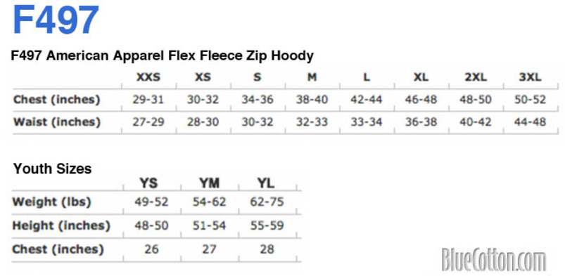 Size chart for a F497 American Apparel Flex Fleece Zip Hoody