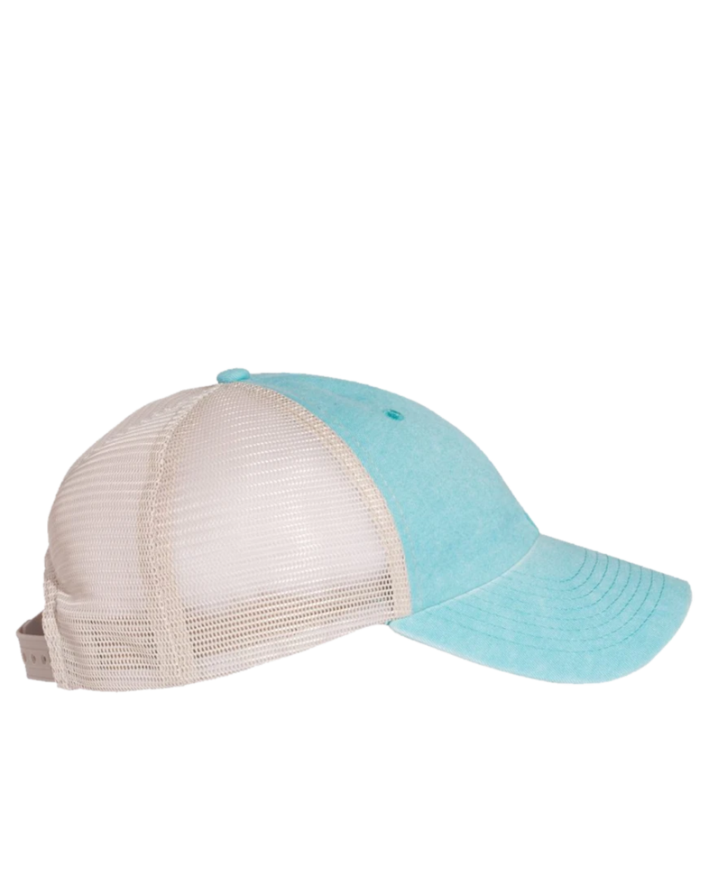 Image of a model wearing a SP510 Sportsman Pigment-Dyed Trucker Cap