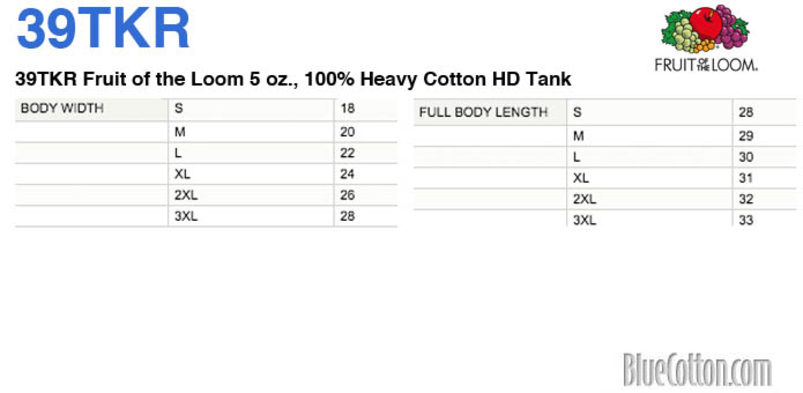 Size chart for a 39TKR Fruit of the Loom Neon and Safety Colors Tank