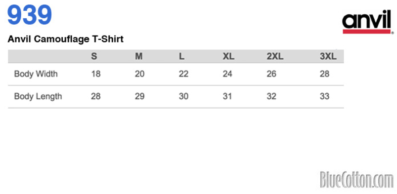 Size chart for a 939 Anvil Camouflage T-Shirt