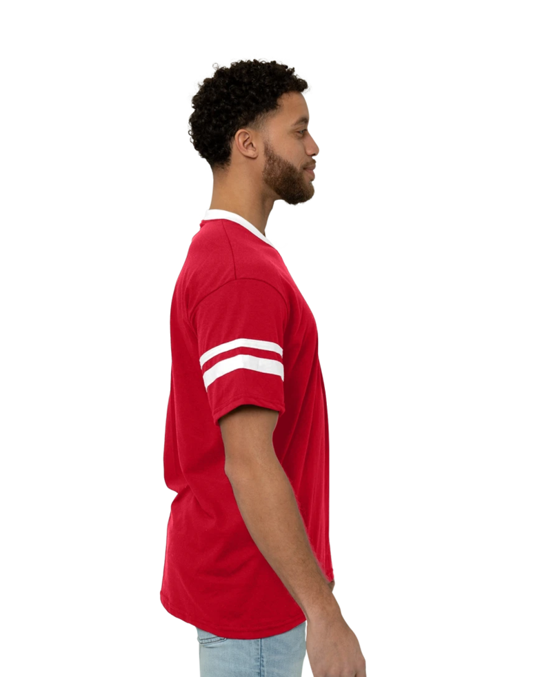 Image of a model wearing a 360 Augusta Double Sleeve Stripe Jersey