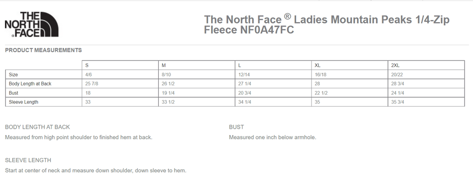 Size chart for a NF0A47FC The North Face Ladies Mountain Peaks 1/4-Zip Fleece