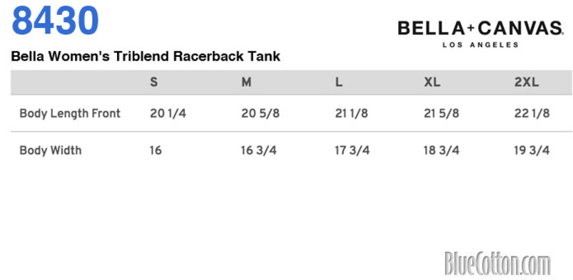 Size chart for a 8430 Bella + Canvas Women's Triblend Racerback Tank
