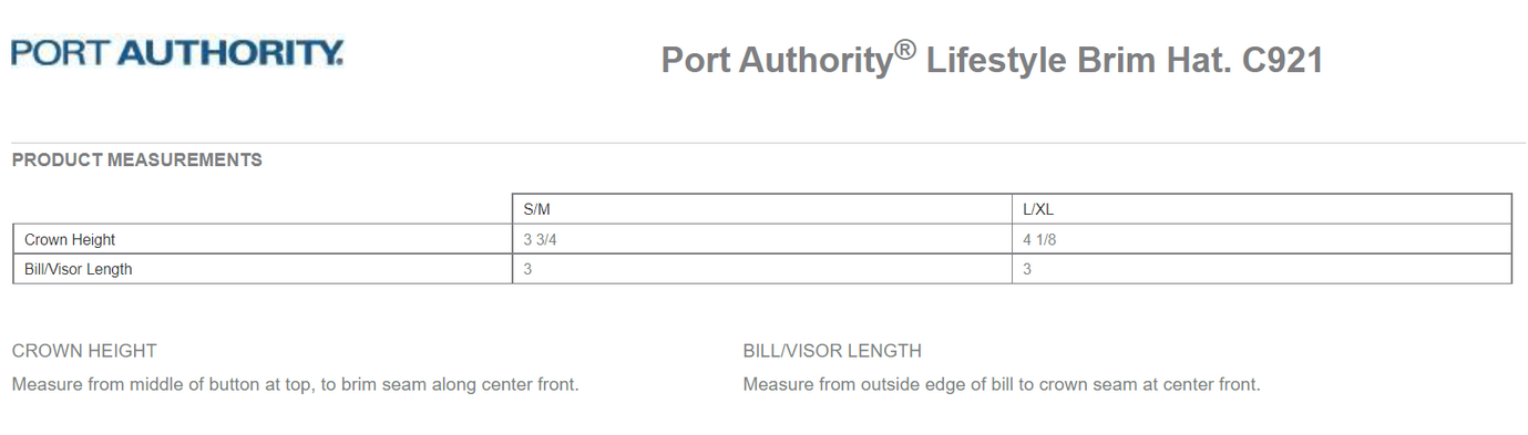 Size chart for a C921 Port Authority Lifestyle Brim Hat