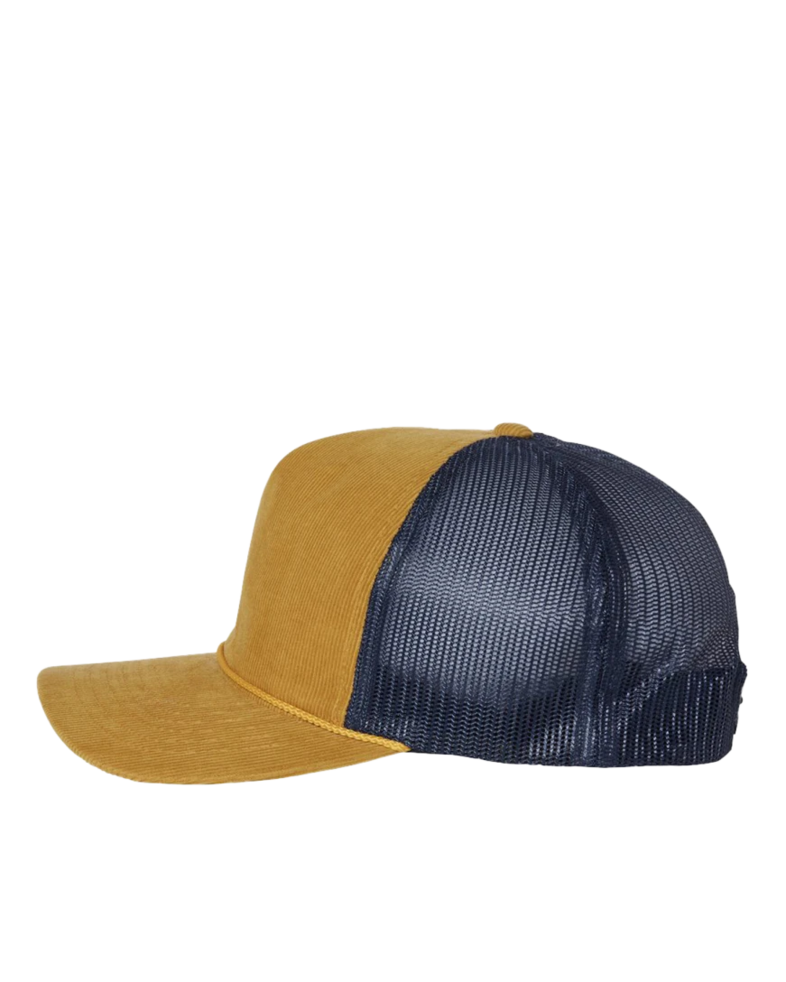 Image of a model wearing a 930 Richardson Troutdale Corduroy Trucker Cap