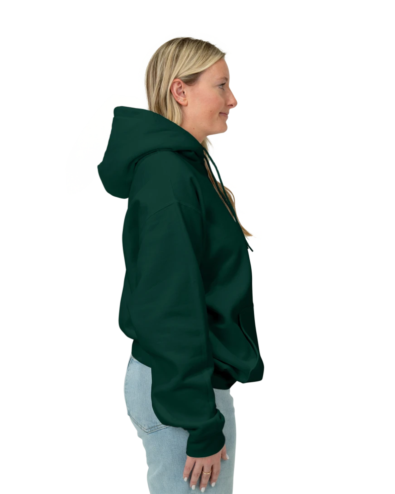 Image of a model wearing a PC90H Port & Company Essential Fleece Pullover Hooded Sweatshirt