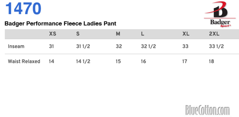 Size chart for a 1470 Badger Performance Fleece Ladies Pant