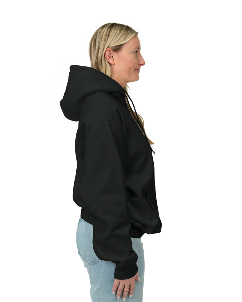 Image of a model wearing a PC90H Port & Company Essential Fleece Pullover Hooded Sweatshirt