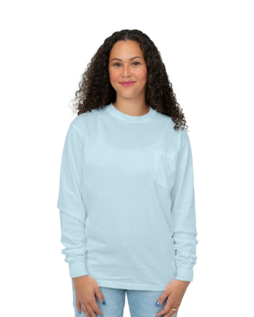 Model wearing a CC4410 Comfort Colors Long Sleeve Pocket T-shirt